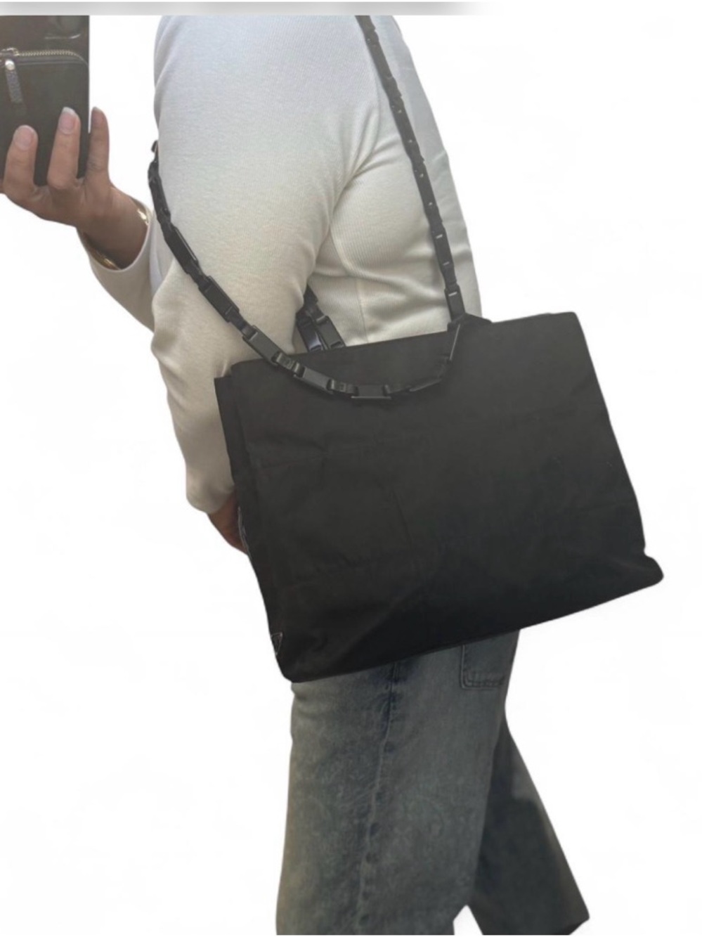 Prada Black Nylon Shoulder Tote with Chain-Link Straps